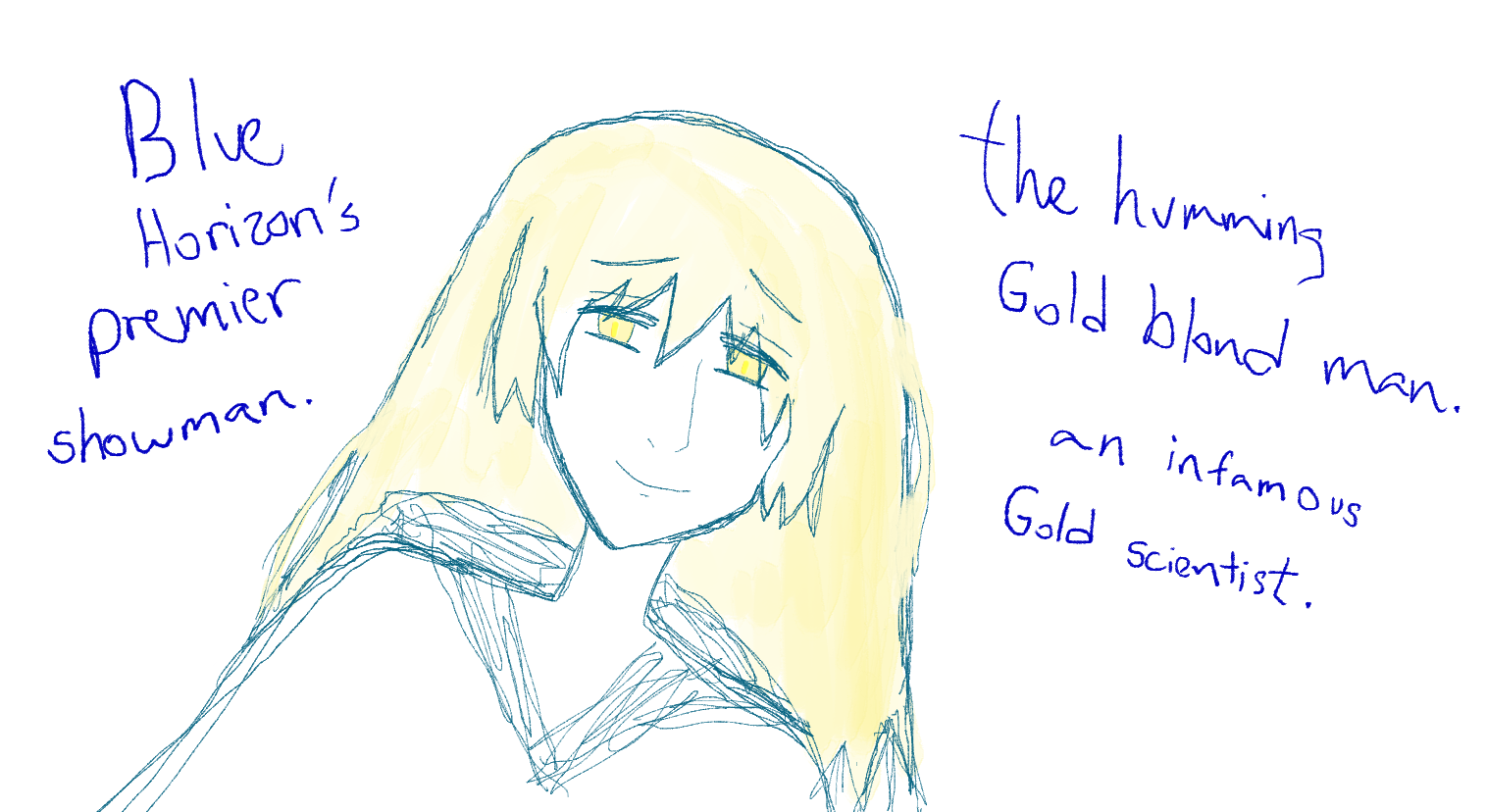 Blue Horizon's premier showman. The humming Gold blond man. An infamous Gold scientist. He has long falling golden hair and golden eyes. His smile is something. He's wearing a cloak.